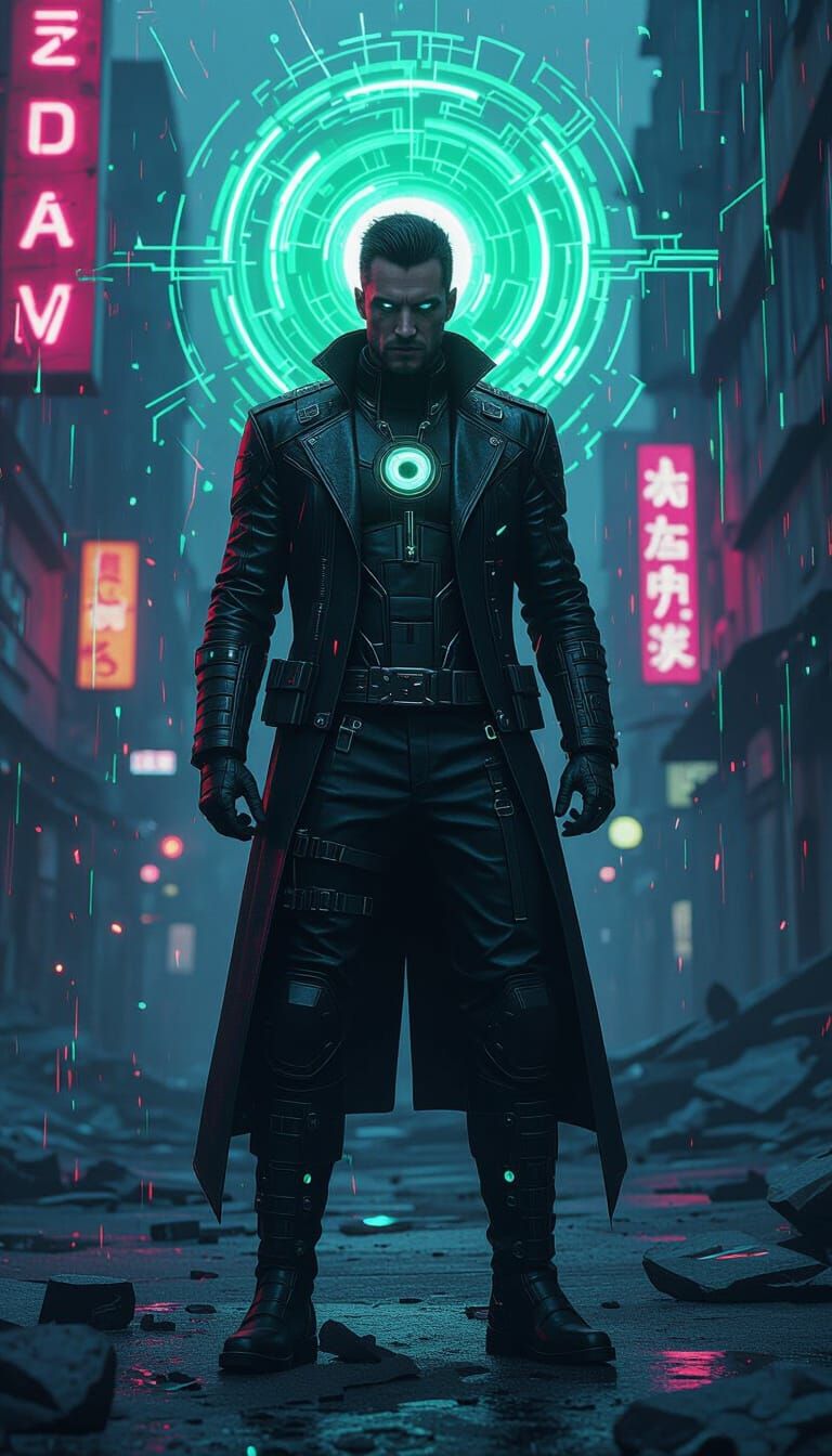 Cyberpunk Rebel with Neon Eye Motif