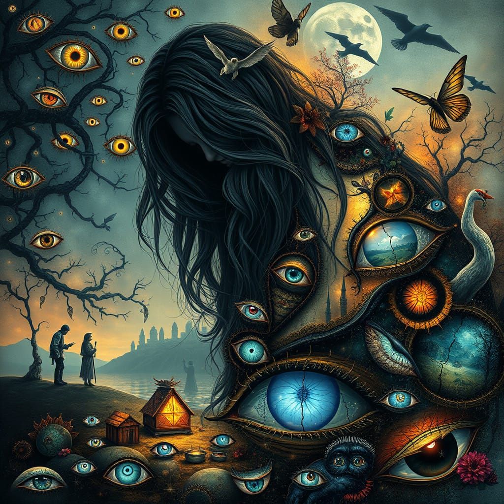 Dreamlike Collage of Glowing Mythical Creatures in a Cyberpu...