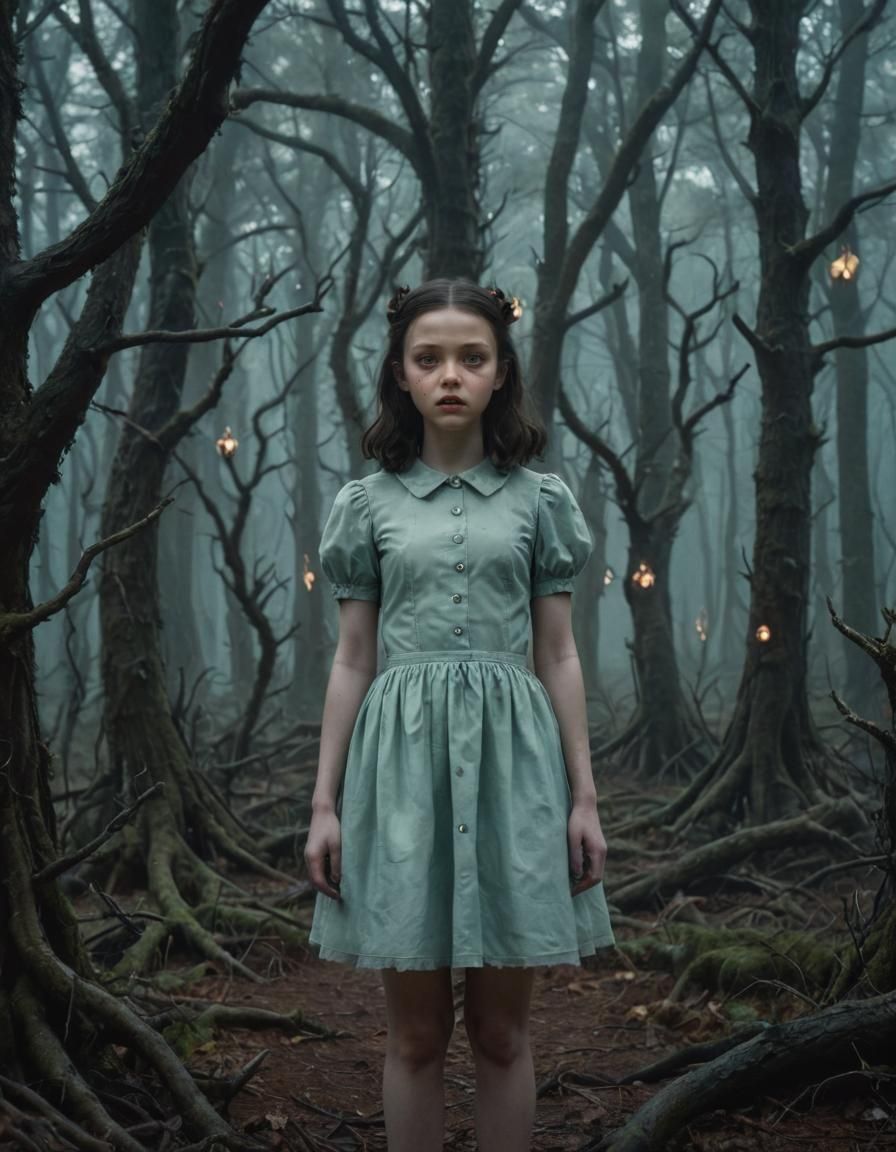 Surreal Horror Scene of Girl and Creatures