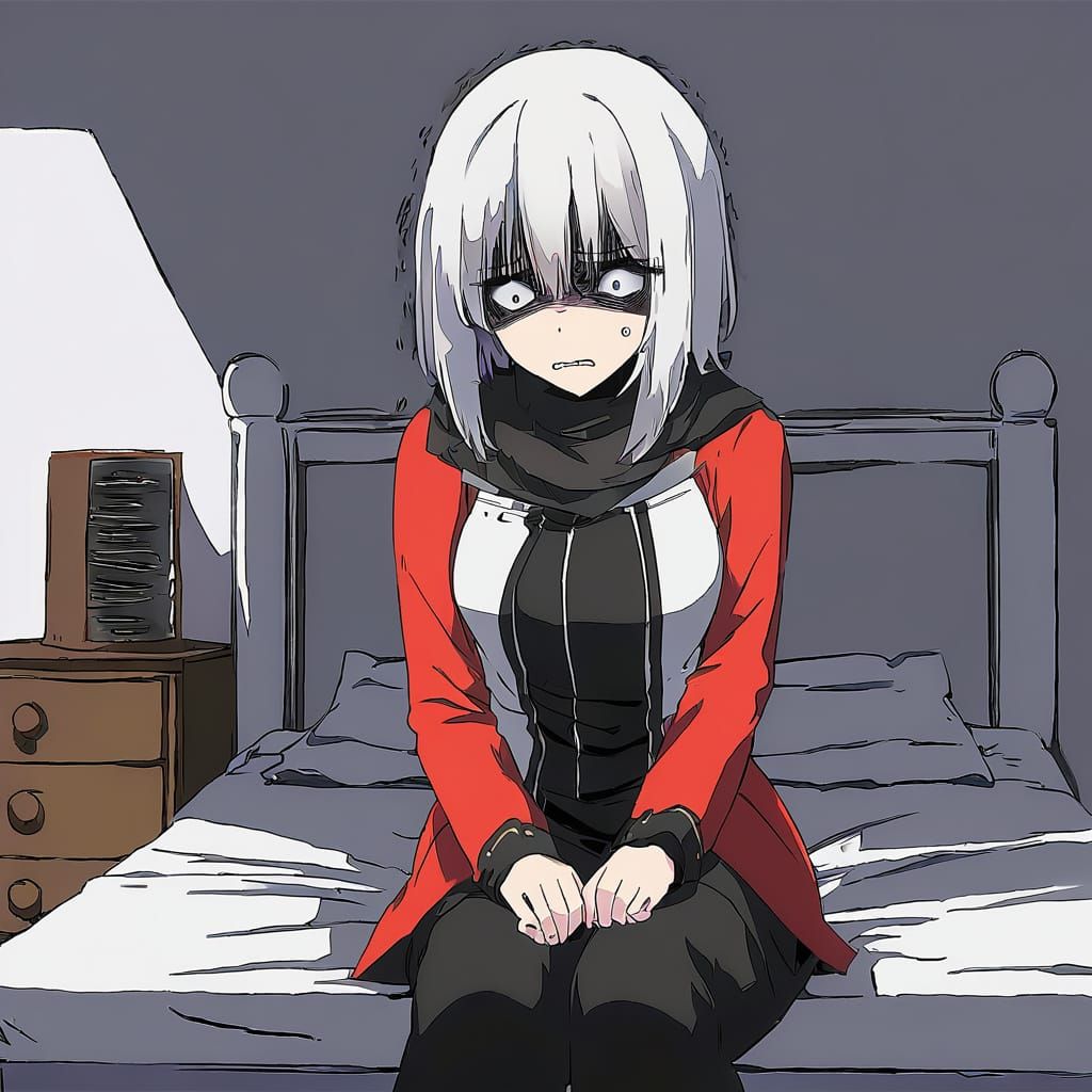 Anime Girl Cowers in Fear on Bed