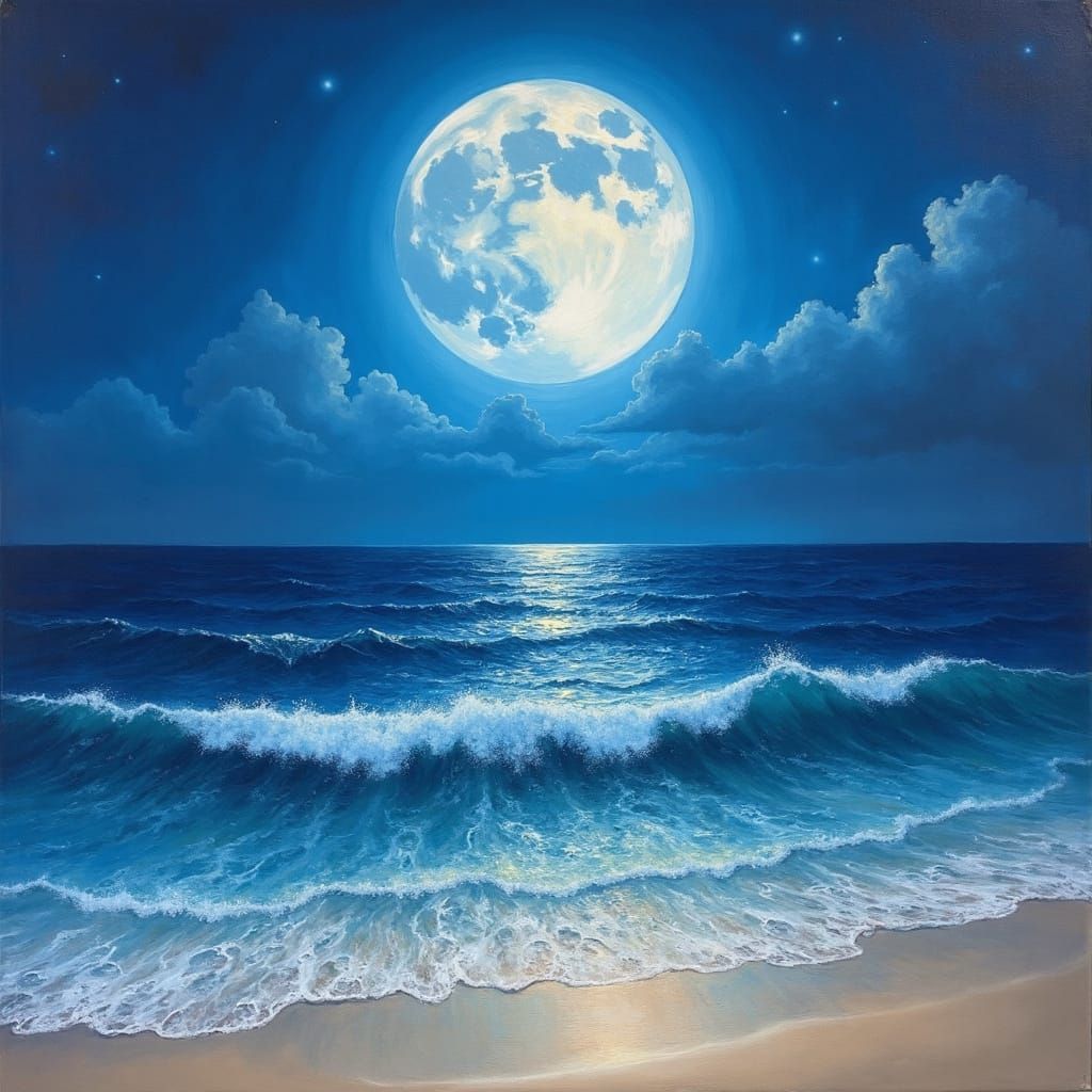 Summer Seascape Under Blue Harvest Moon as Oil Painting
