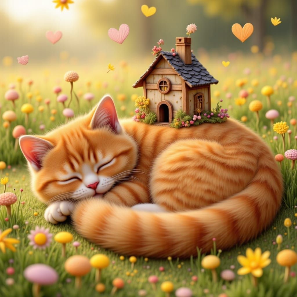 Whimsical Mouse House on Adorable Ginger Cat