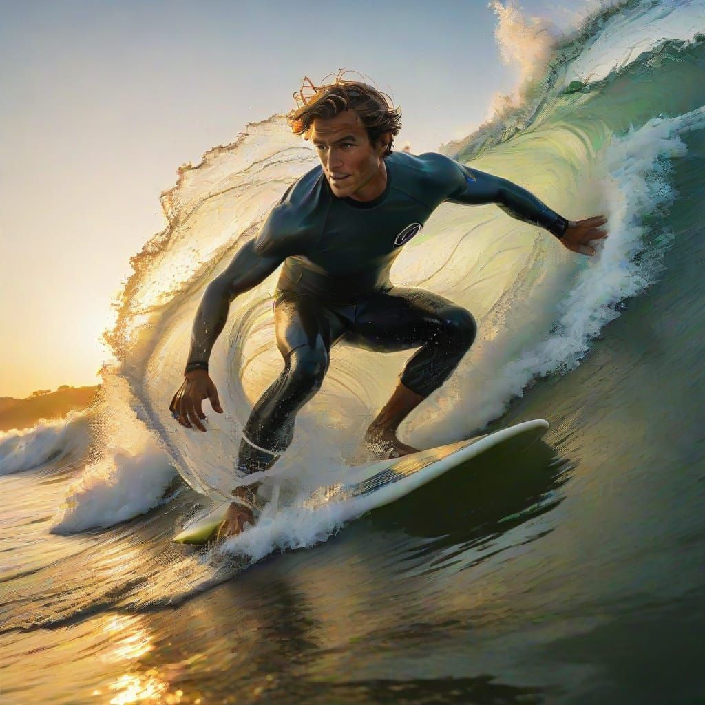 Golden Hour Surfer in Mid-Action