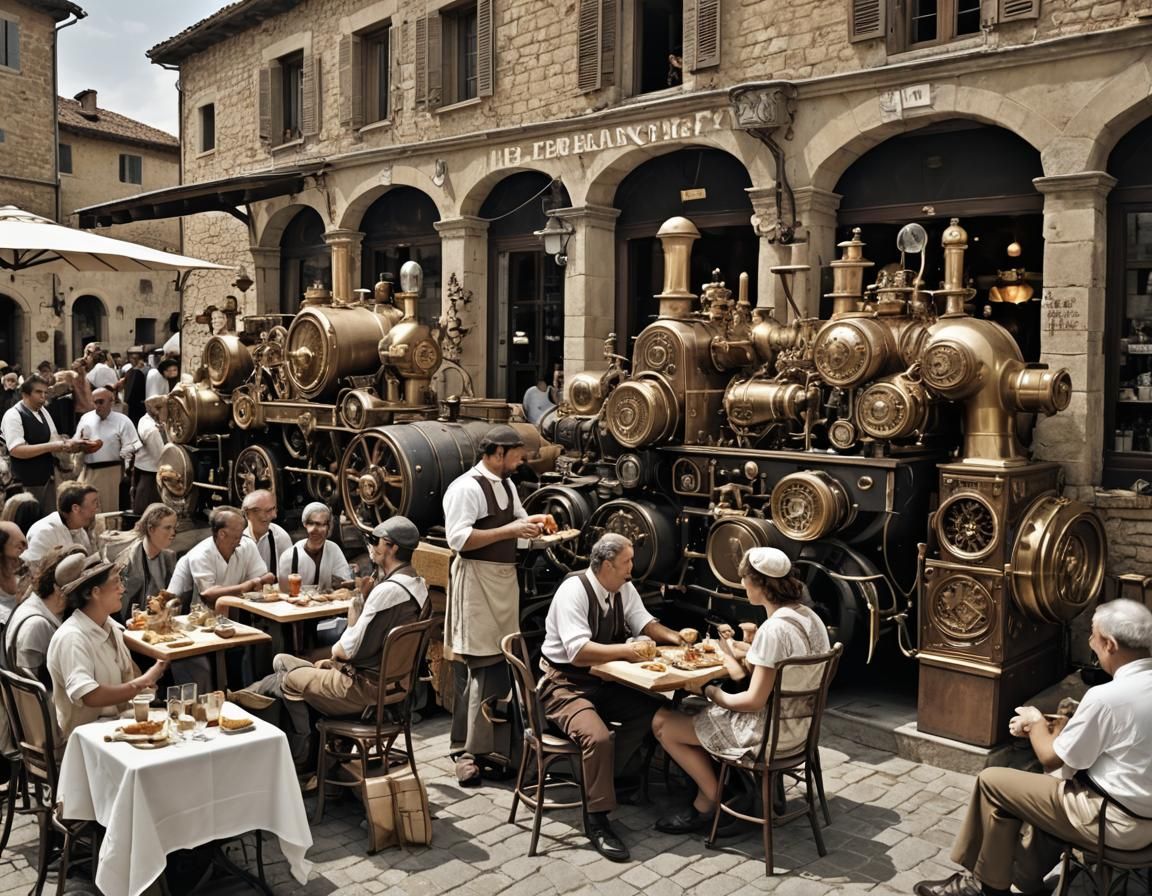 Greek Gods Enjoying Pizza in Steampunk Style