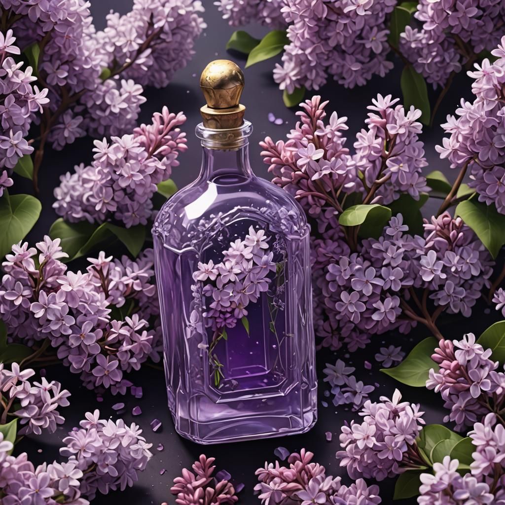 Lilac Crystal Bottle with Flowers, Detailed Matte Painting