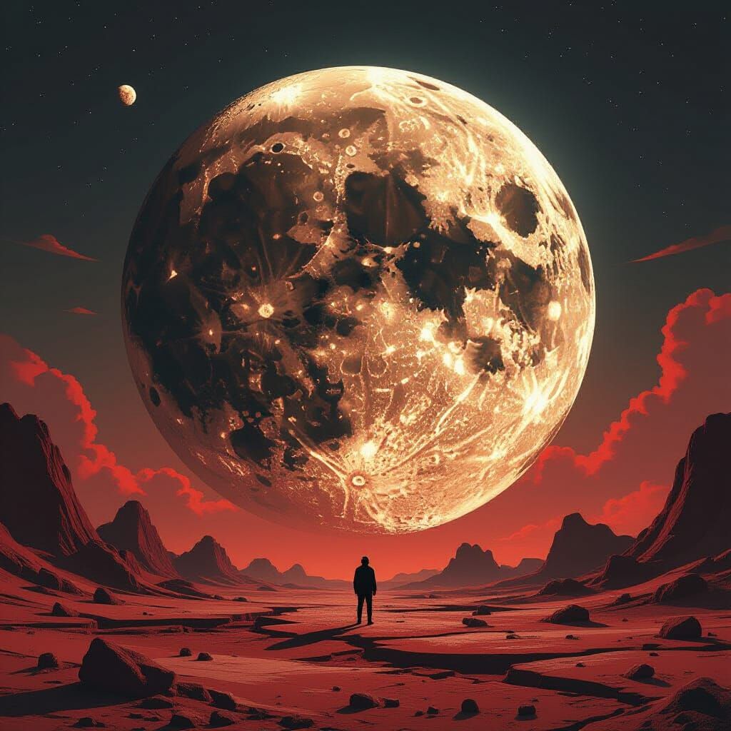 Deteriorating Moon with Rusty Surface in Dreamlike Sci-Fi