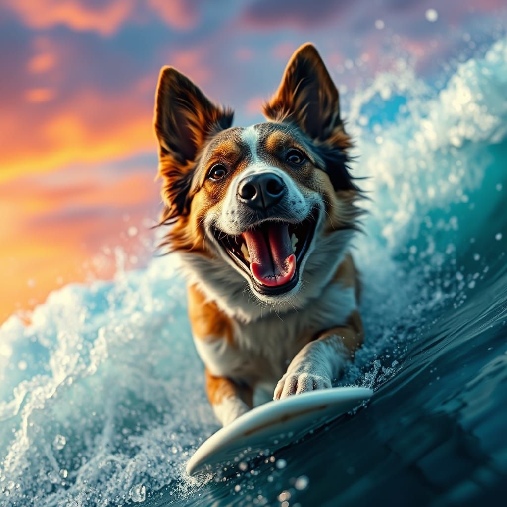 Joyful Dog Rides Vibrant Waves in Hyperrealistic Style