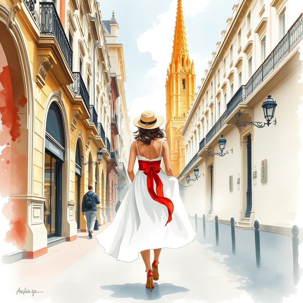 Serene Barcelona Stroll in Impressionist Watercolors