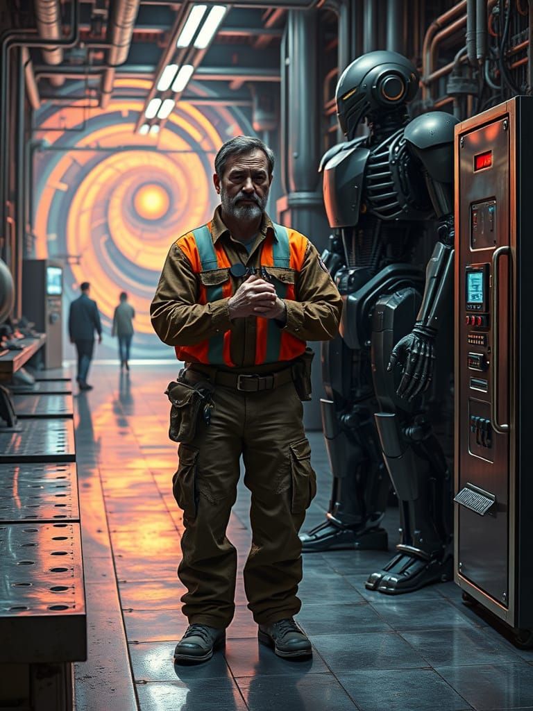 Rugged Foreman Prays in Futuristic Industrial Workplace