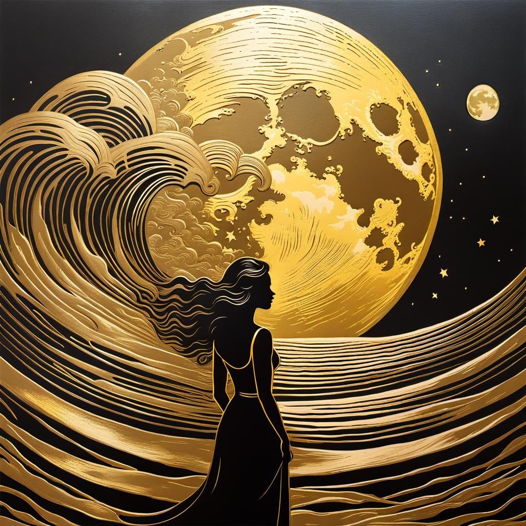 Golden Moon Over Sea Waves in Linocut Style