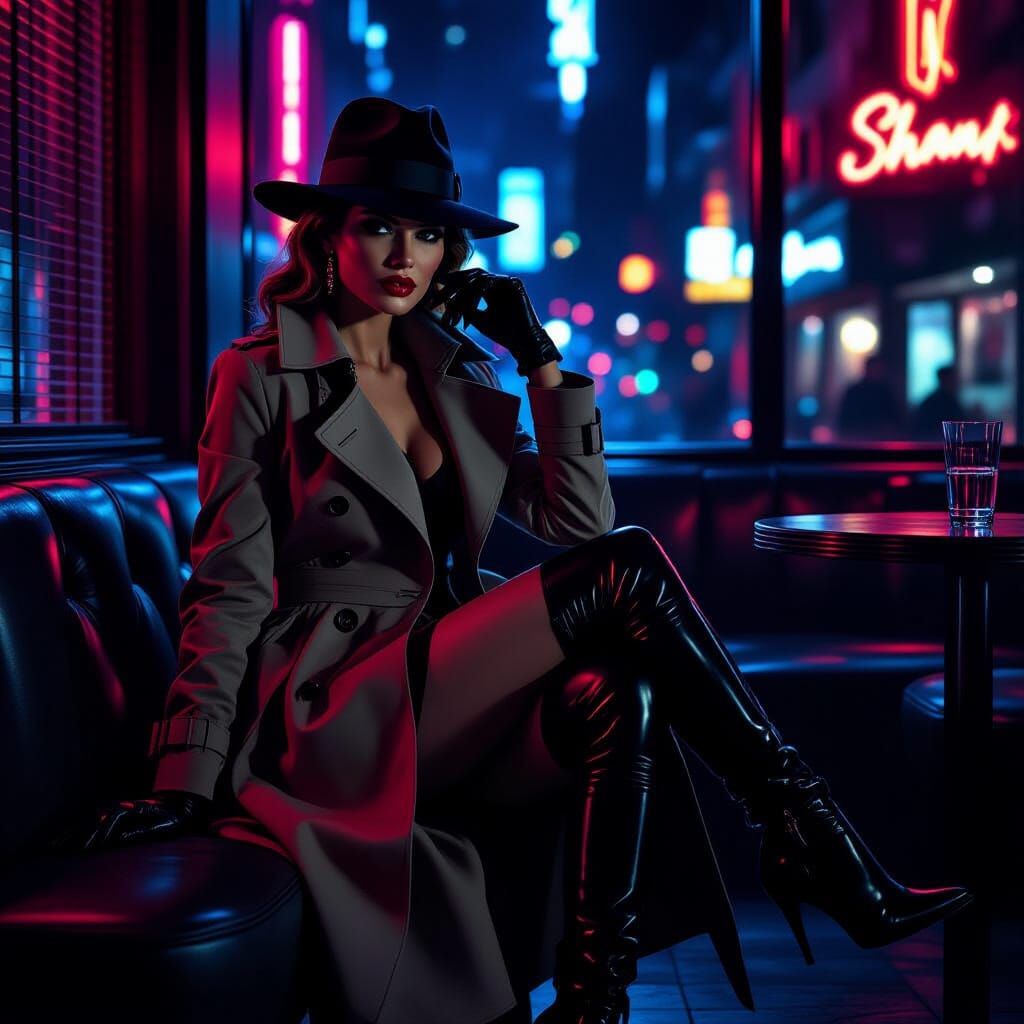 Chic Detective in Neon-Lit Nightclub, Film Noir Style