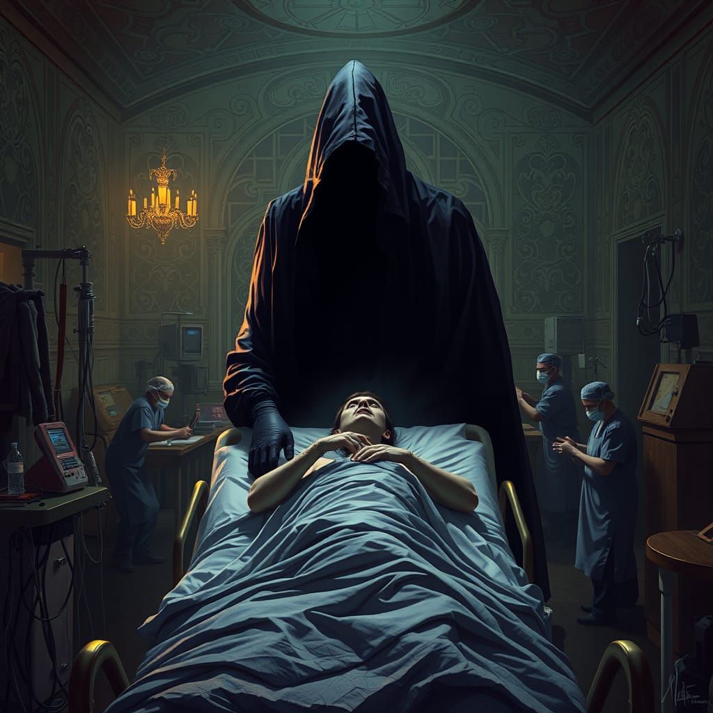 Grim Reaper Over Hospital Bed in Gothic Art Nouveau