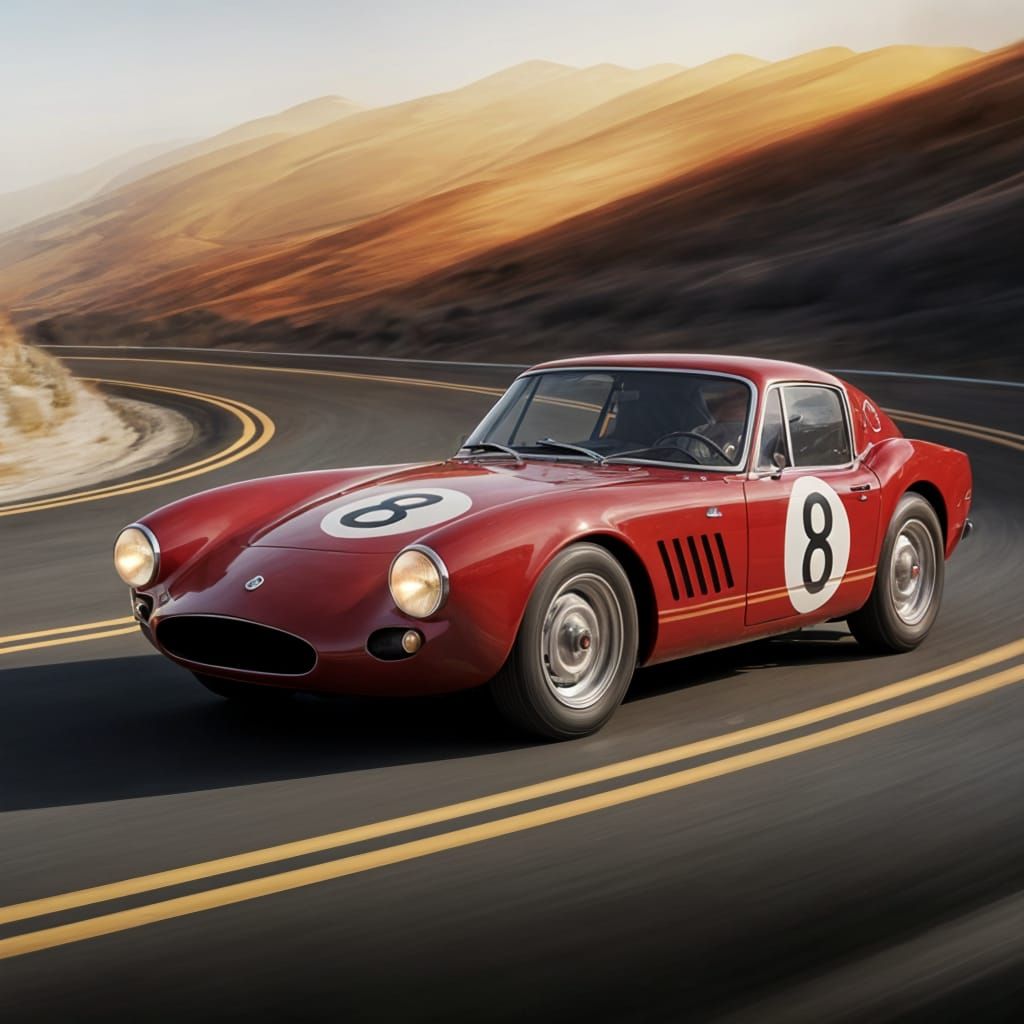 Racing Barchetta Speeds Down Winding Mountain Road in Warm, ...