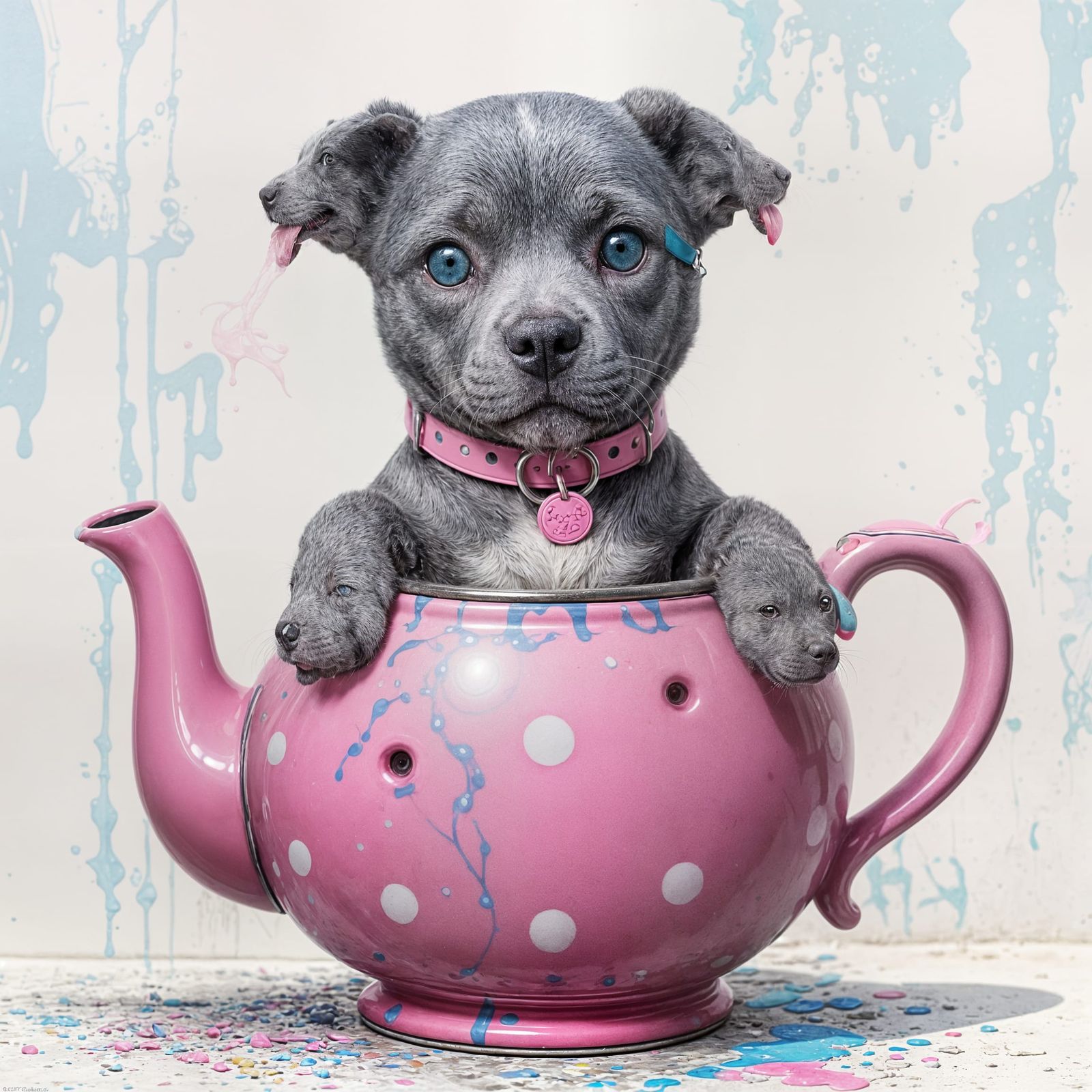 Whimsical Gray Pitbull in a Charming Pink Teapot