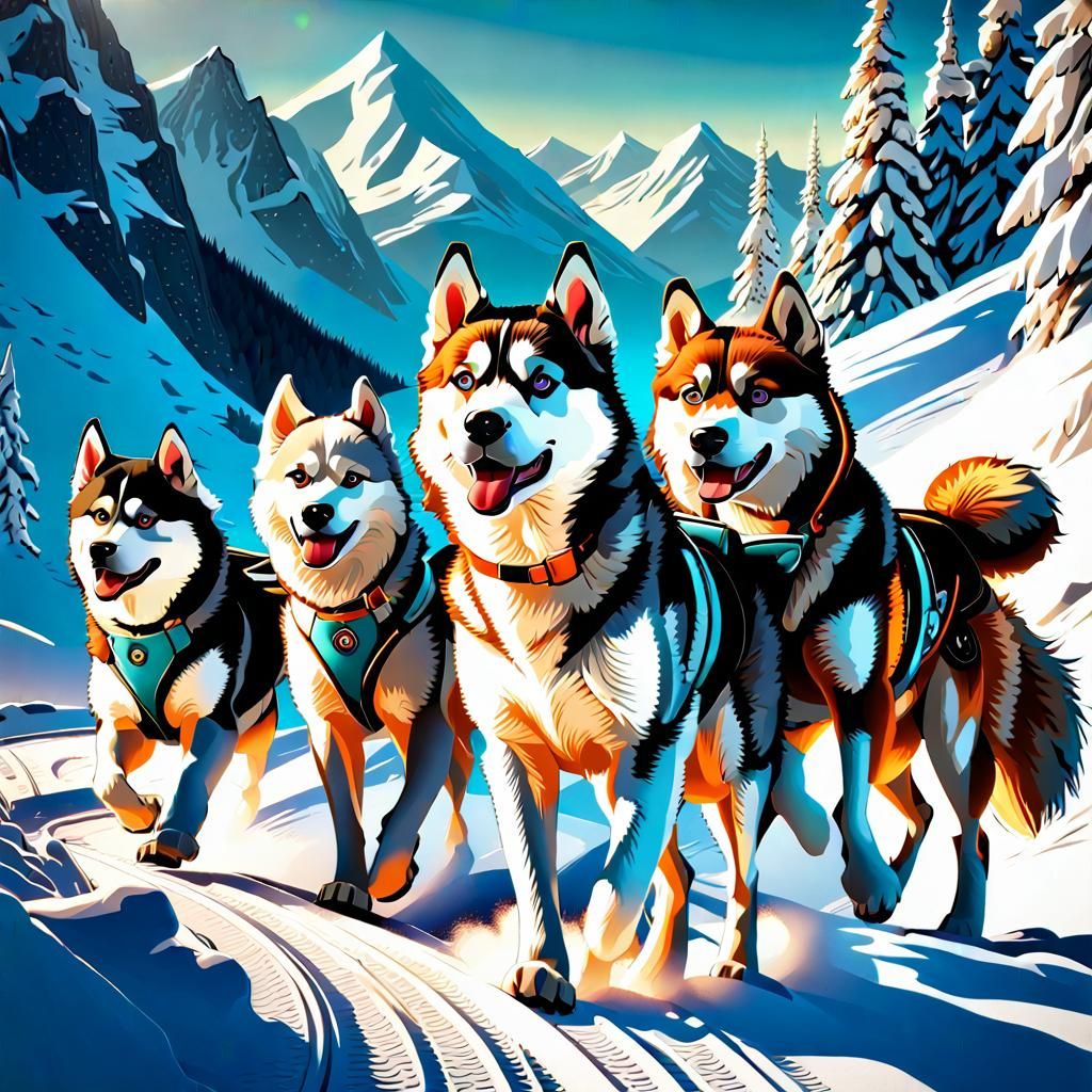 Huskies Pulling Sled on Mountain in Digital Art