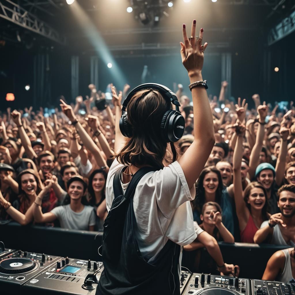 Brunette DJ Celebrates on Stage: Cinematic Film Still