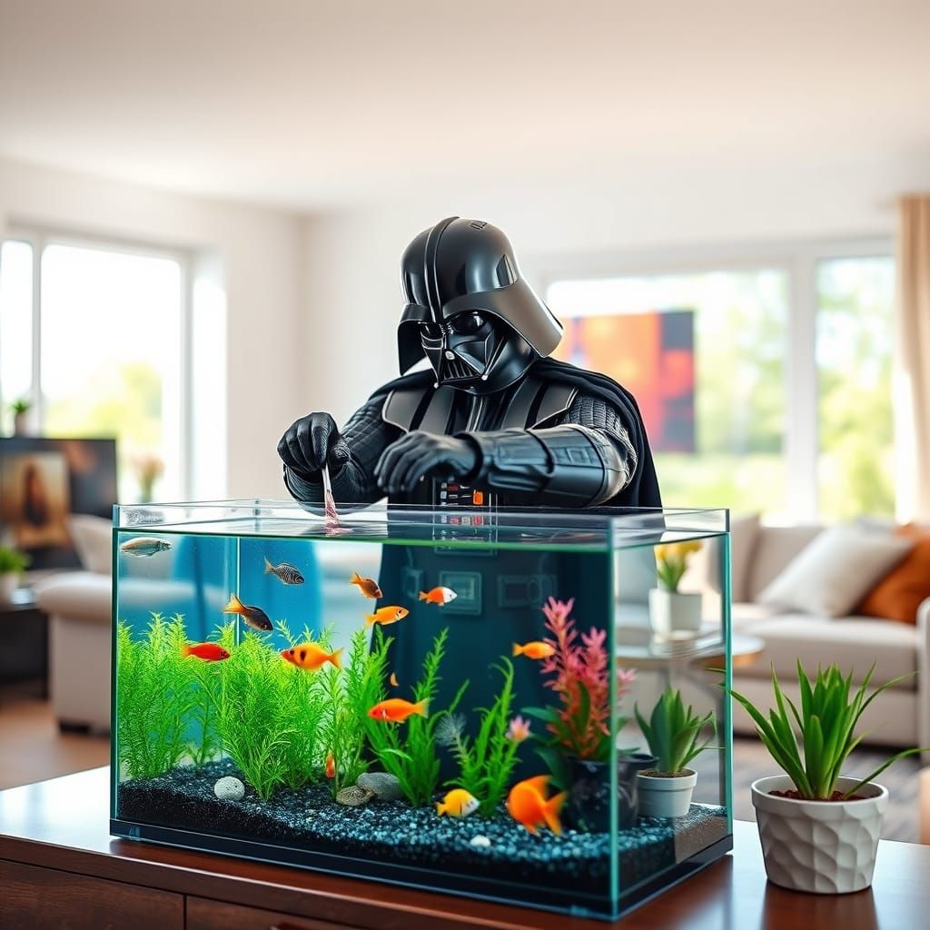 Darth Vader Tends to Aquarium in Serene Living Room