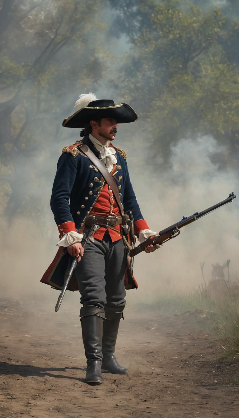 A Spanish musketeer in full attire, holding a musket on the ...
