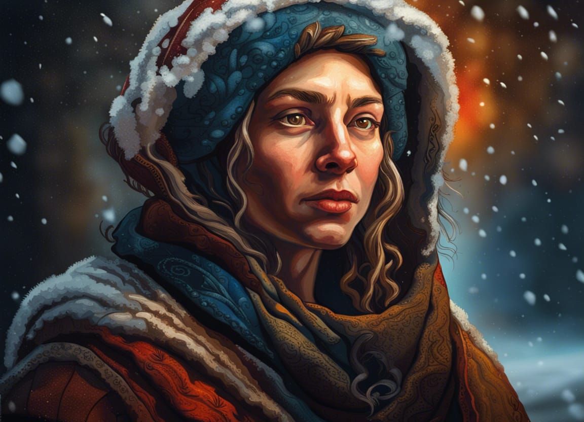Medieval Woman in Snow, Rembrandt-Style Portrait