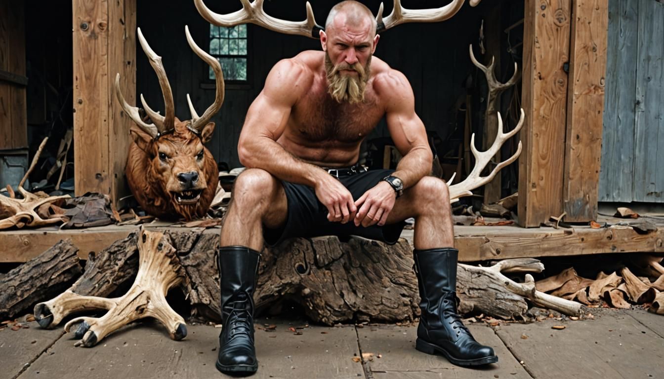 Man Smelling Boots with Antler Head: Professional Photograph...