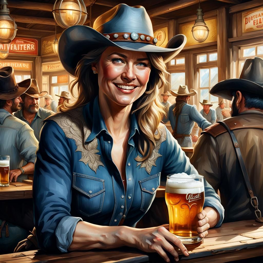 Cowgirl in Tavern: Photorealistic Oil Painting Portrait