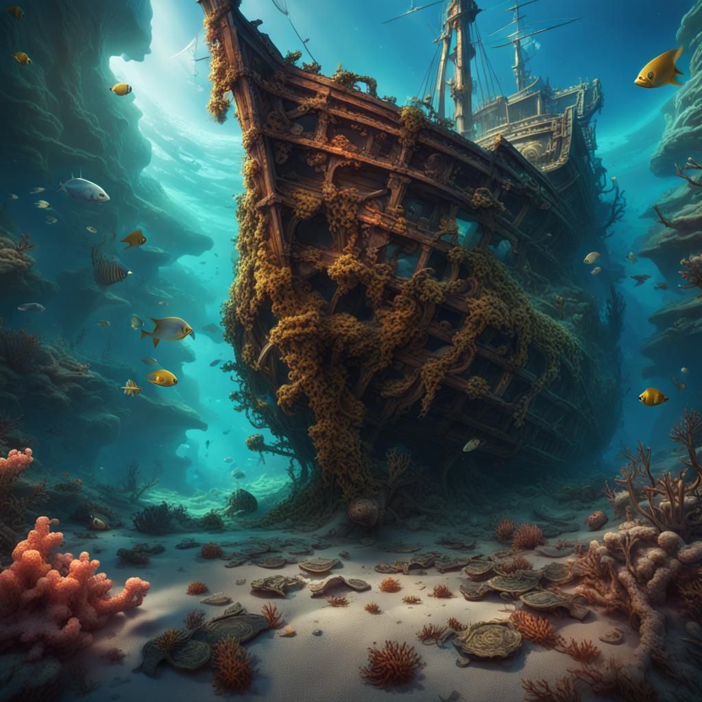 Coral-Encrusted Shipwreck Treasure: Detailed Digital Paintin...