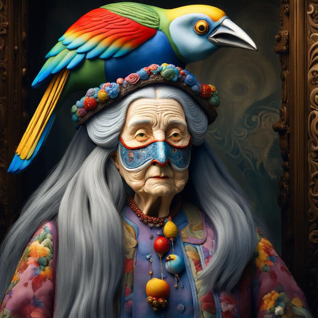 Porcelain Masked Woman with Bird in Photorealistic 3D