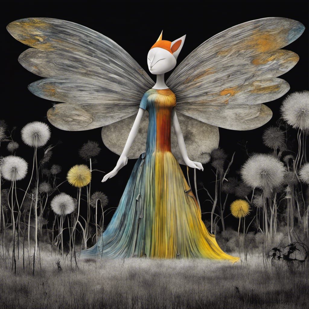 fox family  in a Million Dandelion dreamscape, Salvador Dali...