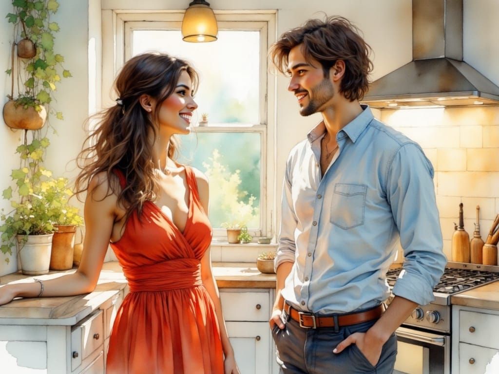 Elegant Couple in Kitchen, Watercolor and Ink Style