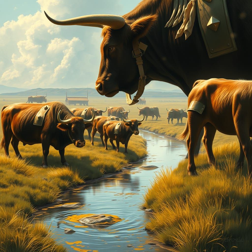 Gigantic Bovines Graze Beside Golden River in Futuristic Lan...