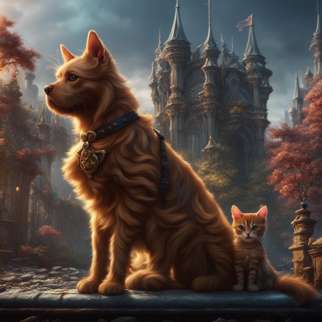 Fantastical Cat and Dog in Detailed Matte Painting