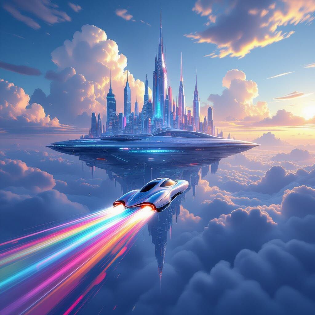 Surreal Futuristic Cityscape With Dripping Paint Vehicle