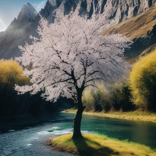 Apple Tree in Mountain Landscape, Professional Photography