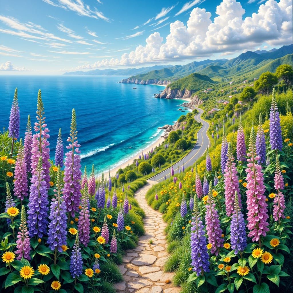 A Coastal Landscape with Vibrant Flowers