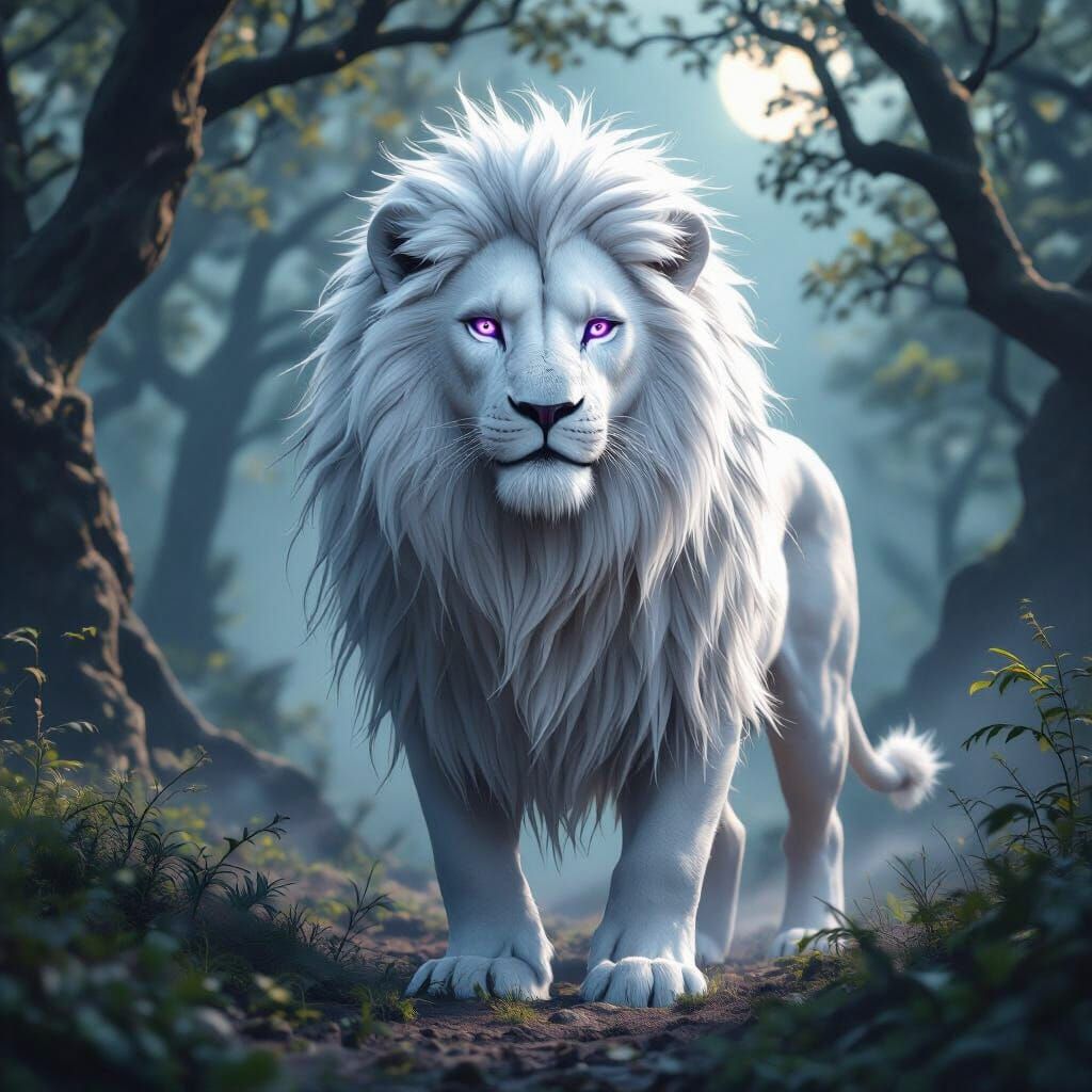 Majestic White Lion in Mystical Forest: 3D Render