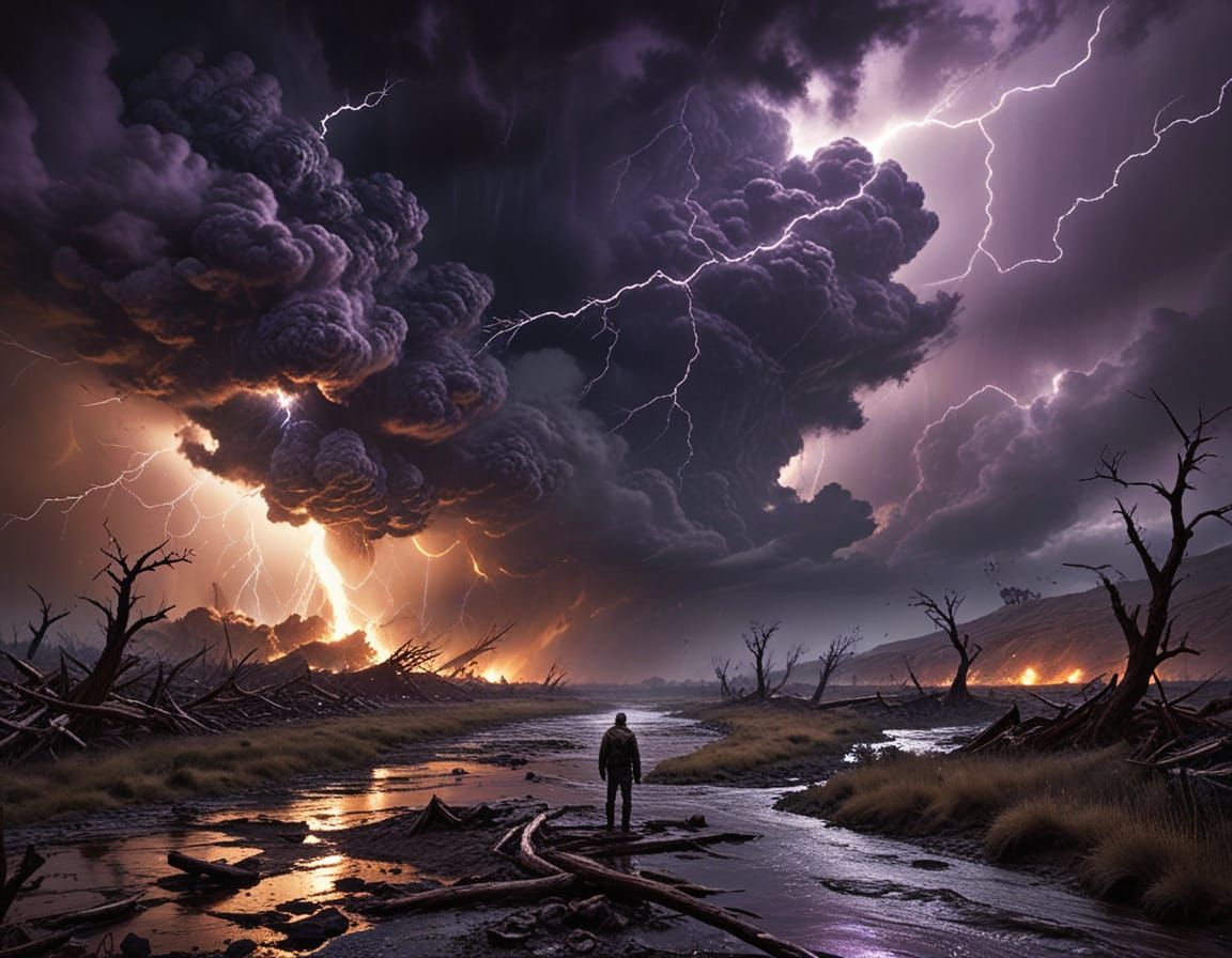 Surreal Apocalypse: Overflowing River and Raging Storm