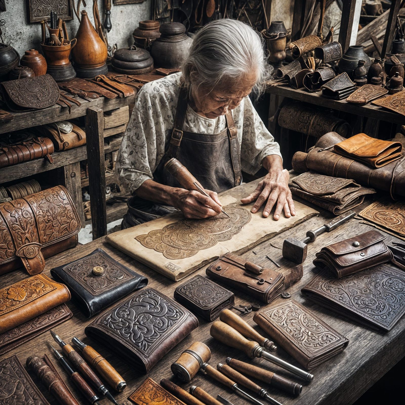 Elderly Leather Crafter Designs Art Purses & Wallets