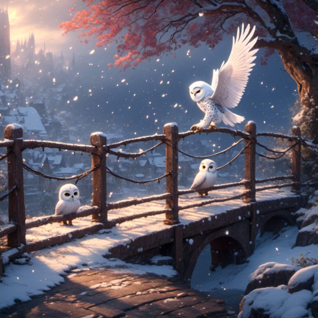 Snowy Bridge with Owl: Detailed Matte Painting