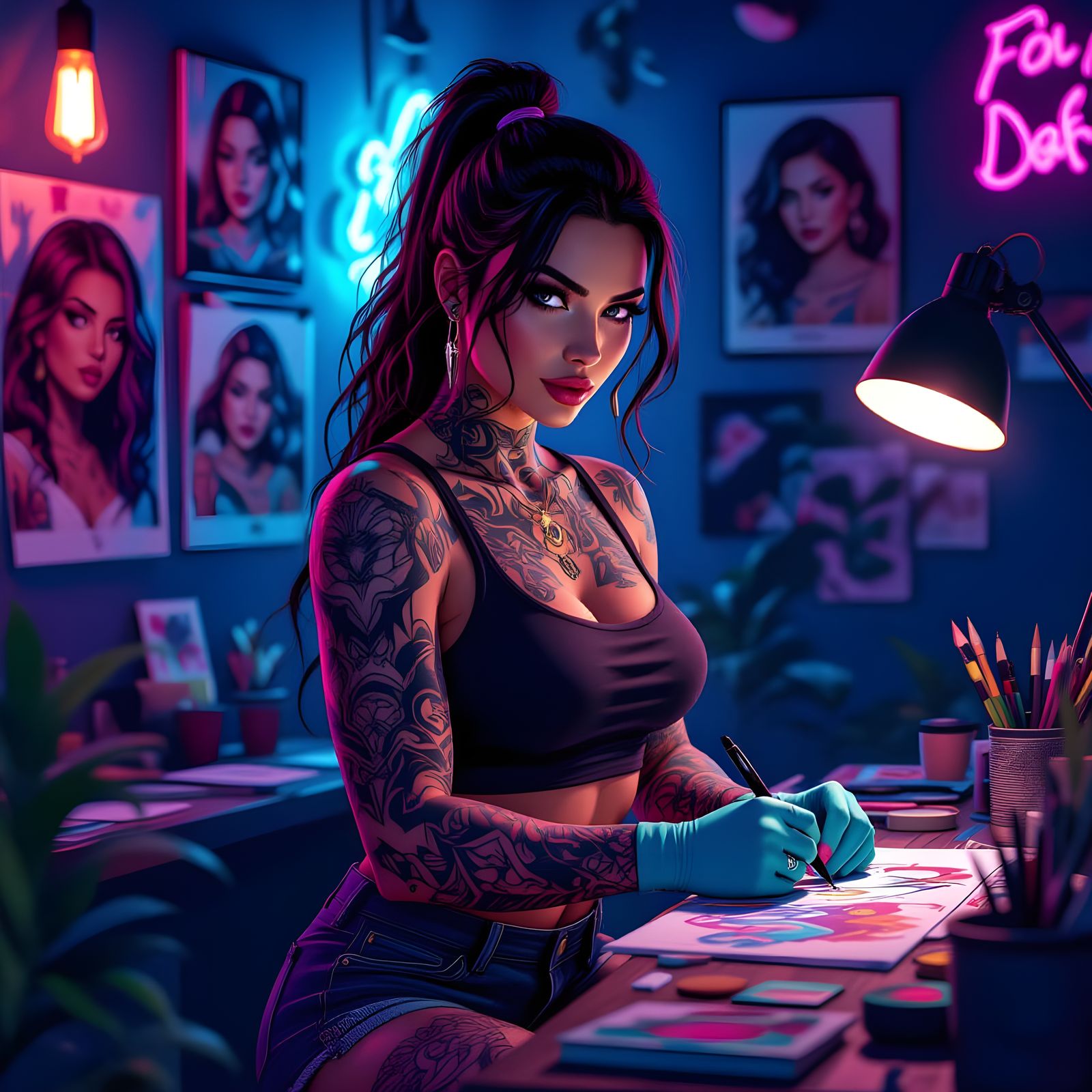 Neon Tattoo Artist Portrait in Hyperrealistic Style