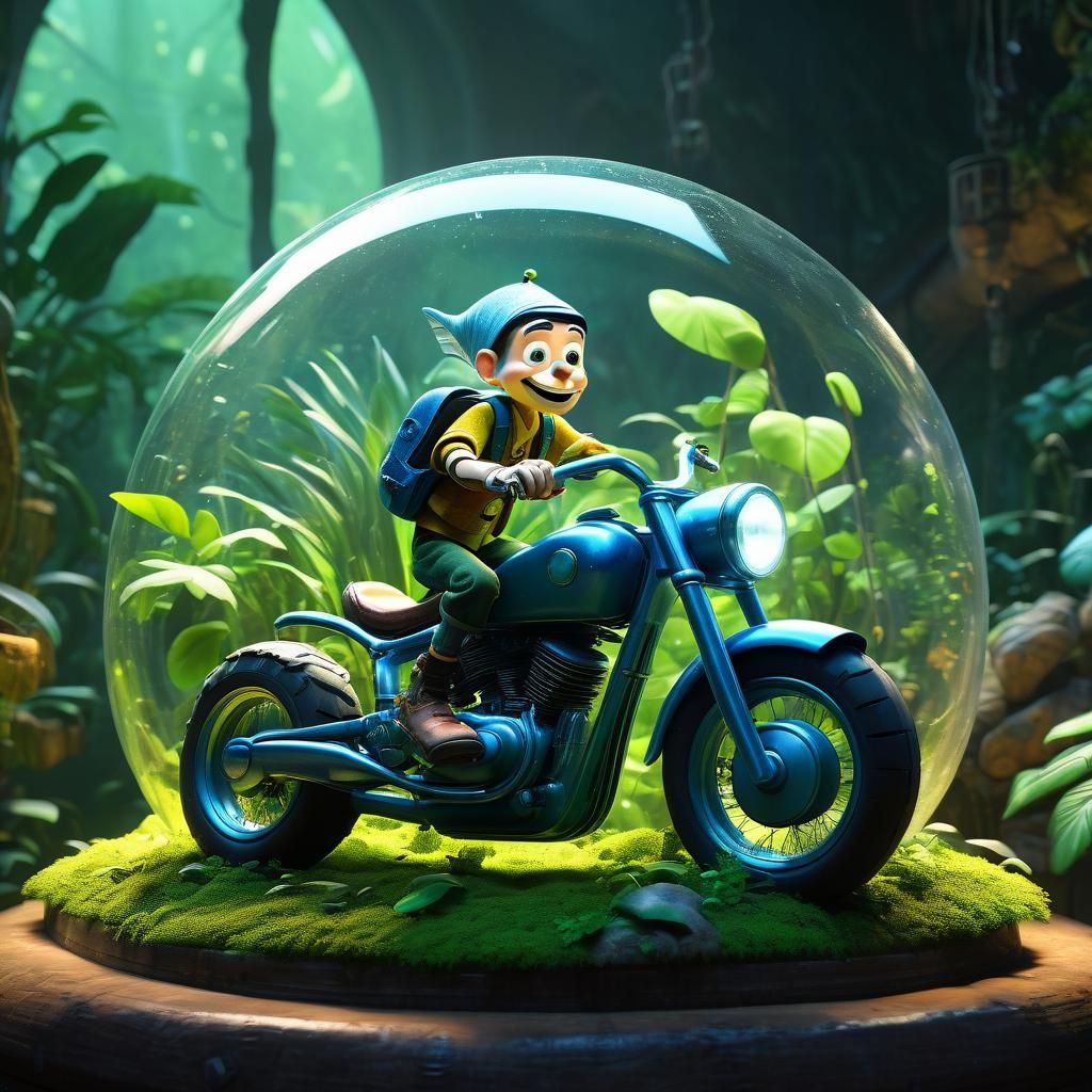 Pinocchio Rides Motorcycle Through Jungle Terrarium
