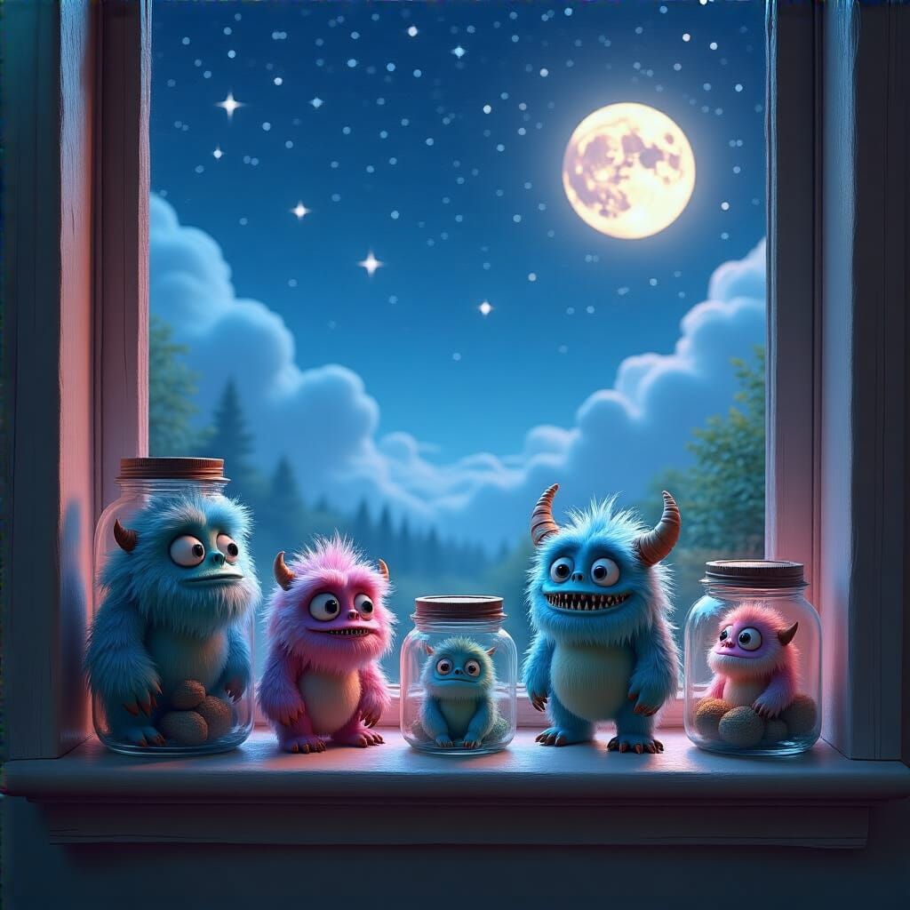 Whimsical Pastel Monsters in Glass Jars, Dreamlike Fantasy A...