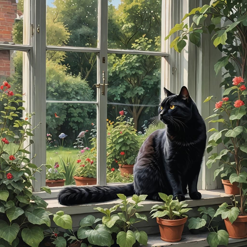 Black Cat Watching Birds From Window