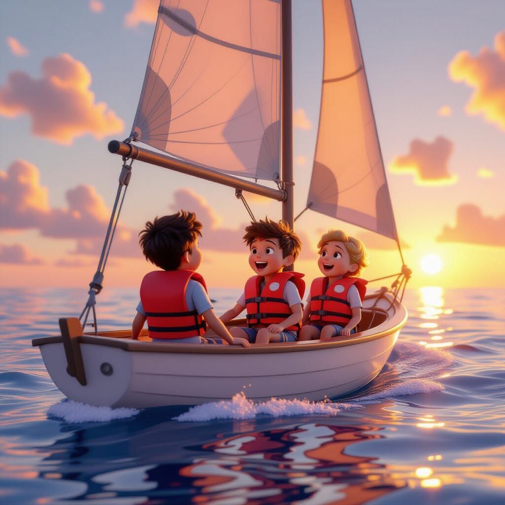 Children's Sailboat Adventure in Pixar-Inspired 3D Art