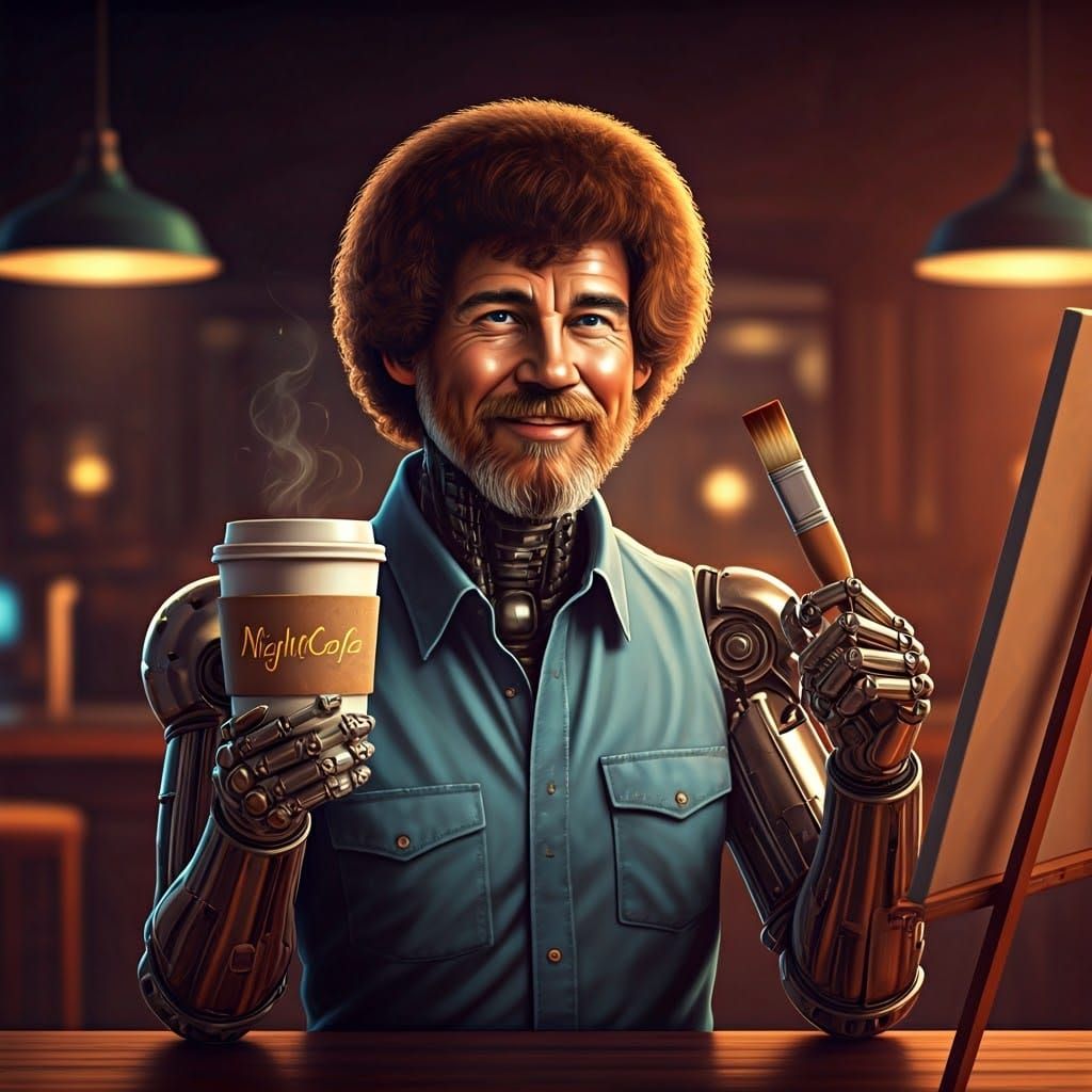 Metal Android in Cozy Coffee Shop, Inspired by Syd Mead