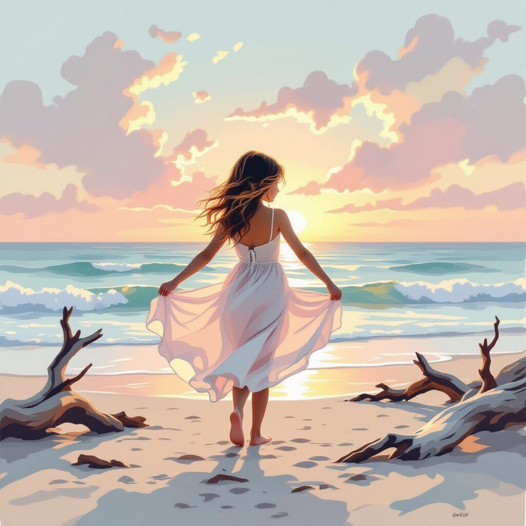 Girl Dancing on Beach in Dadaist Airbrush Style