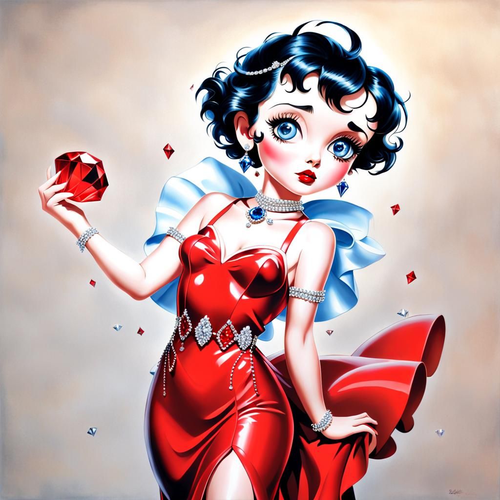 Betty Boop in Flowing Red Gown: Photorealistic Oil Painting