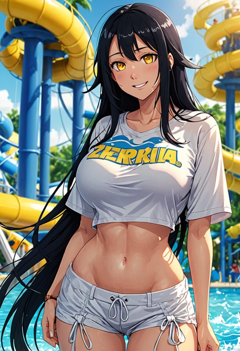 Anime Girl with Flowing Hair at Water Park