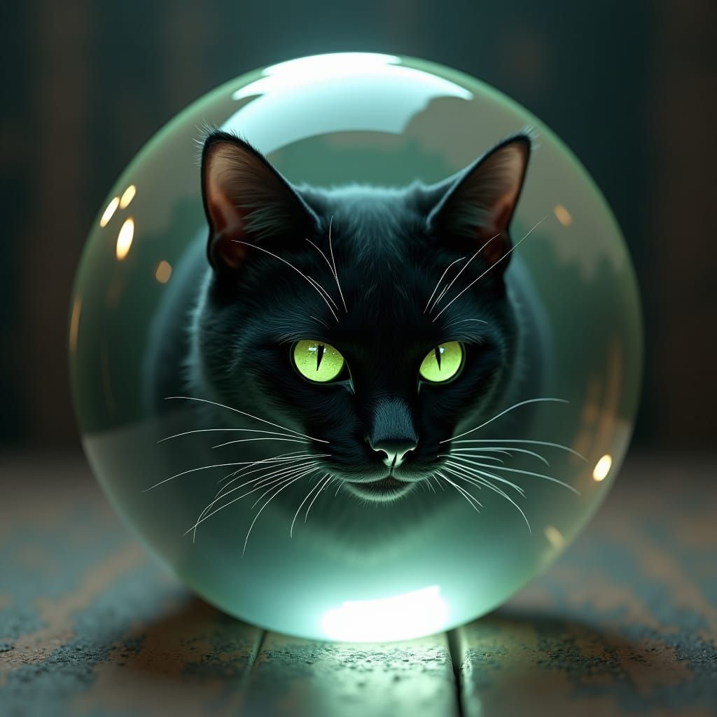 Mystical Black Cat in Crystal Ball: Surreal Art