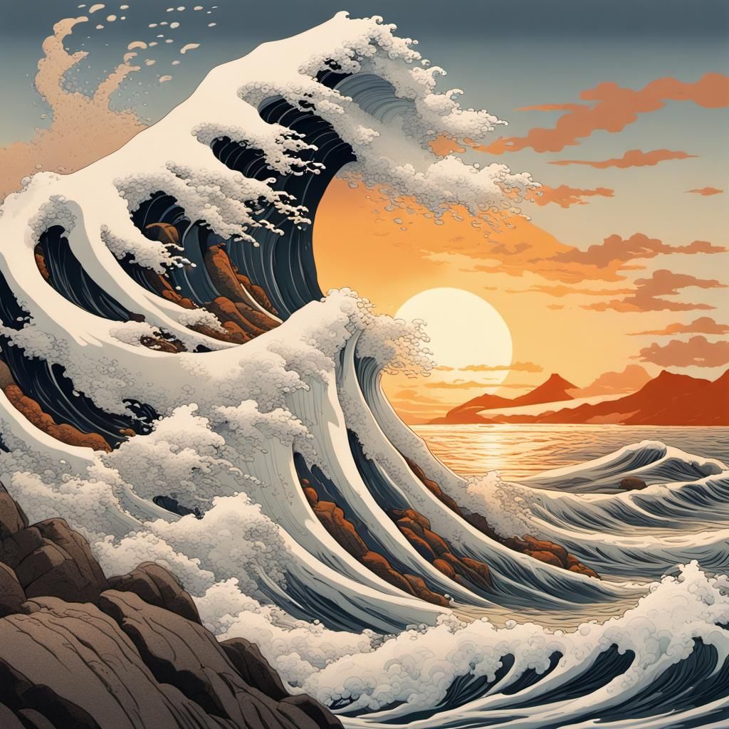 Crashing Waves in Ukiyo-e Style