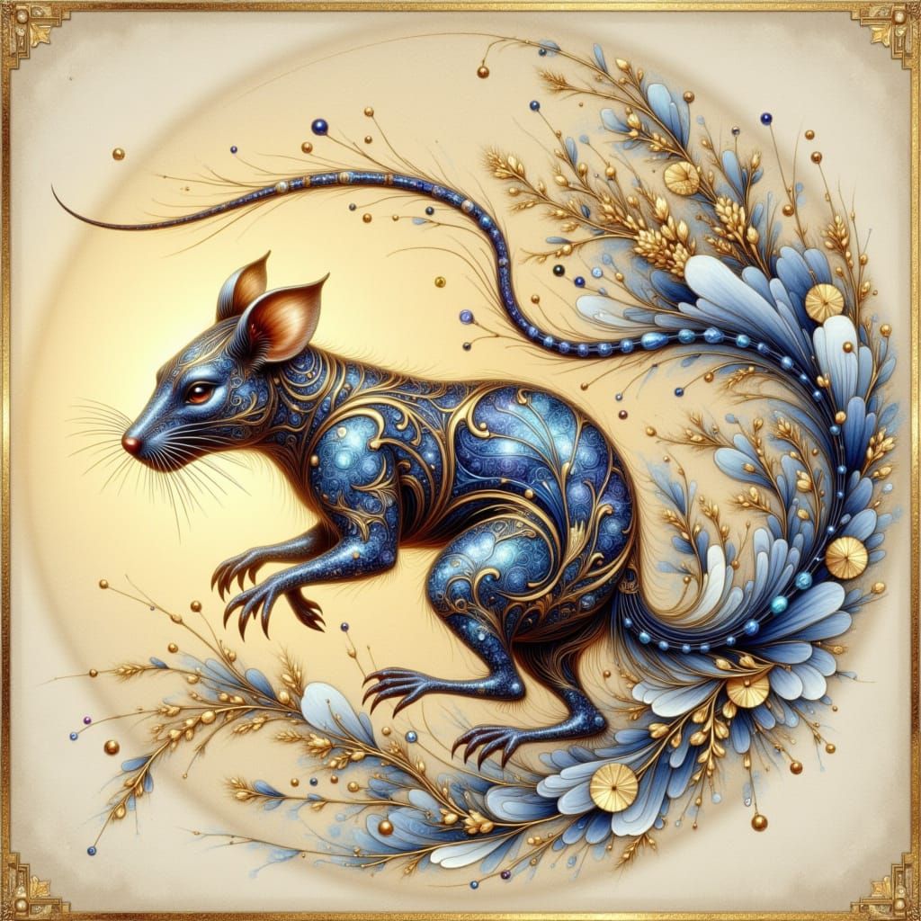 Asian Zodiac Rat Painting with Golden Accents